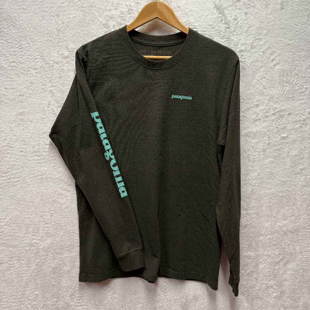 Patagonia Responsibili-Tee Shirt Mens Medium Dark Green Brown Spellout Outdoor